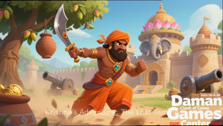 In-game screenshot showing detailed temple architecture in Krishna’s Adventure: The Lost Temple
